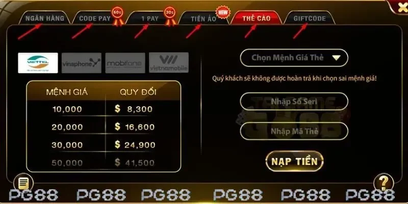 Nạp tiền PG88 bằng hình thức thẻ cào truyền thống 